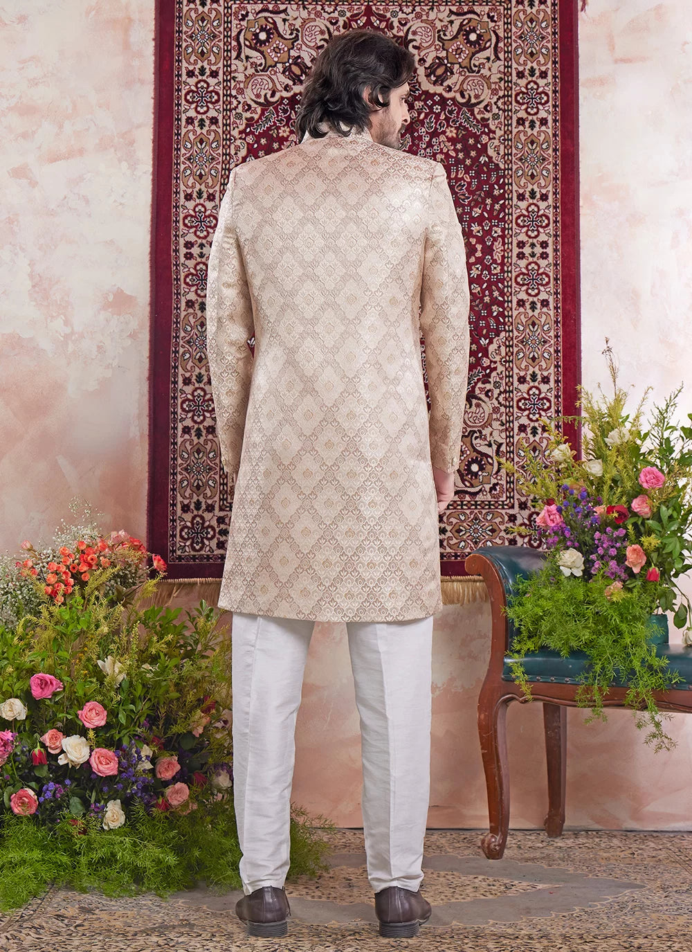 Raivat Ethnic Banarasi Jacquard Embroidery Indo Western Sherwani In Beige Colour | Grocsy