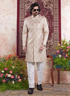 Raivat Ethnic Banarasi Jacquard Embroidery Indo Western Sherwani In Beige Colour | Grocsy
