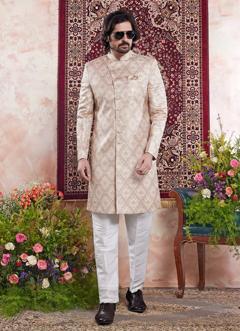 Raivat Ethnic Banarasi Jacquard Embroidery Indo Western Sherwani In Beige Colour | Grocsy