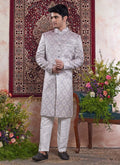 Raivat Ethnic Banarasi Jacquard Embroidery Indo Western Sherwani In Grey Colour | Grocsy