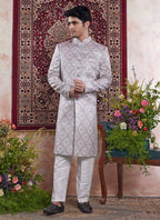 Raivat Ethnic Banarasi Jacquard Embroidery Indo Western Sherwani In Grey Colour | Grocsy