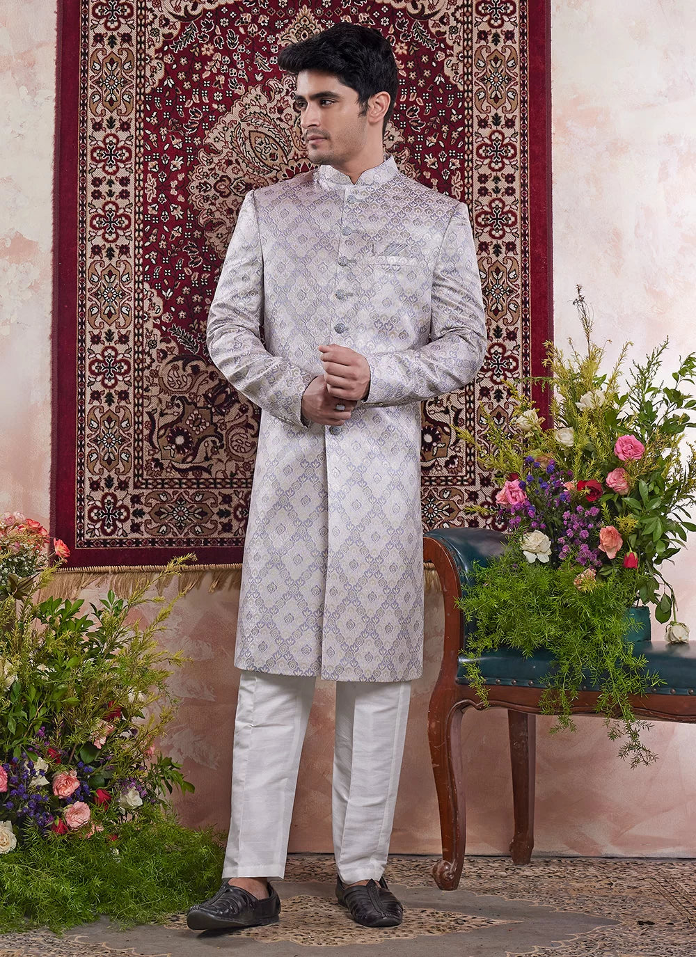 Raivat Ethnic Banarasi Jacquard Embroidery Indo Western Sherwani In Grey Colour | Grocsy
