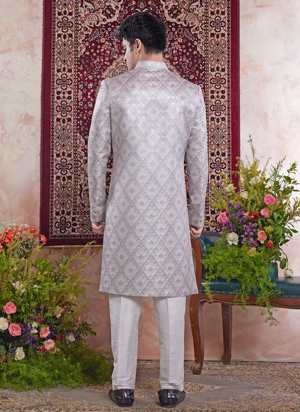 Raivat Ethnic Banarasi Jacquard Embroidery Indo Western Sherwani In Grey Colour | Grocsy