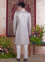 Raivat Ethnic Banarasi Jacquard Embroidery Indo Western Sherwani In Grey Colour | Grocsy
