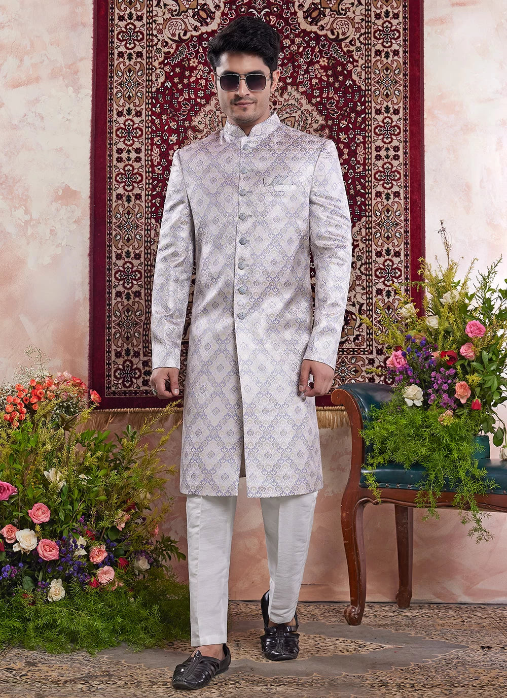 Raivat Ethnic Banarasi Jacquard Embroidery Indo Western Sherwani In Grey Colour | Grocsy