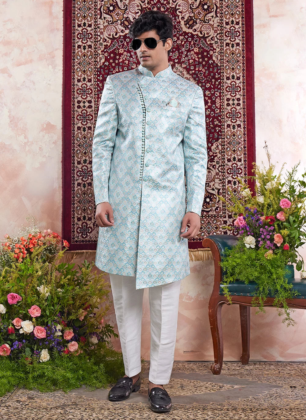 Raivat Ethnic Banarasi Jacquard Embroidery Indo Western Sherwani In Green Colour | Grocsy
