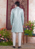 Raivat Ethnic Banarasi Jacquard Embroidery Indo Western Sherwani In Green Colour | Grocsy