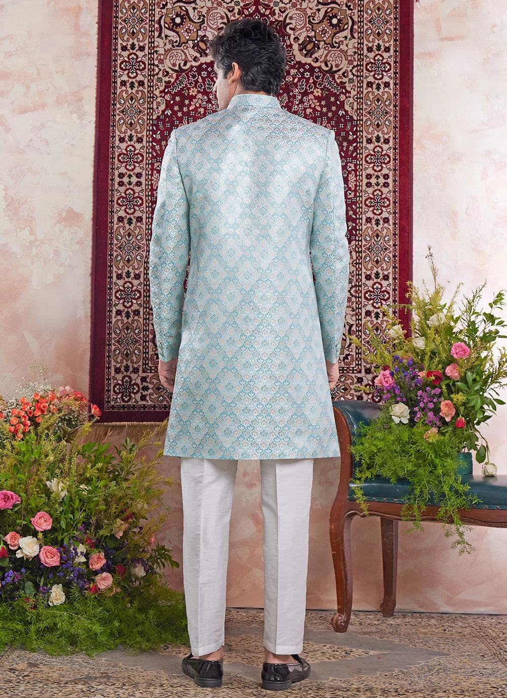 Raivat Ethnic Banarasi Jacquard Embroidery Indo Western Sherwani In Green Colour | Grocsy