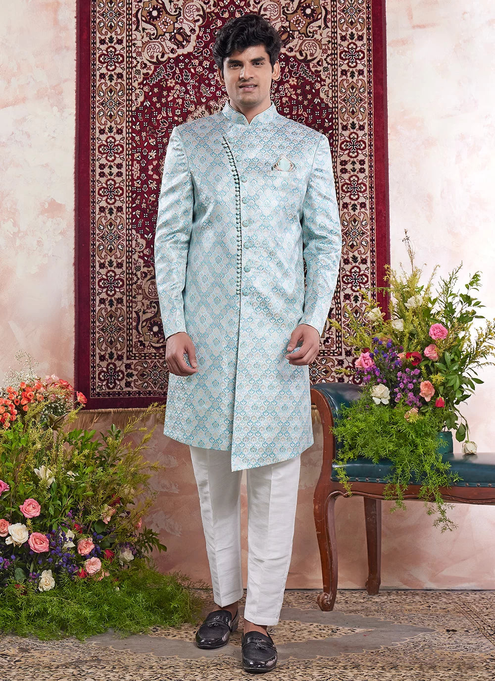 Raivat Ethnic Banarasi Jacquard Embroidery Indo Western Sherwani In Green Colour | Grocsy