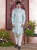 Raivat Ethnic Banarasi Jacquard Embroidery Indo Western Sherwani In Green Colour | Grocsy