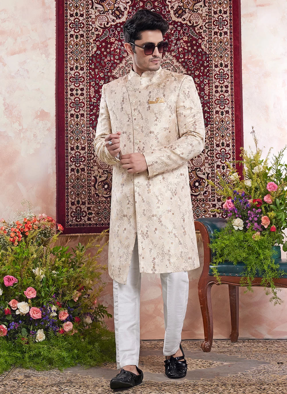 Raivat Ethnic Banarasi Jacquard Embroidery Indo Western Sherwani In Beige Colour | Grocsy