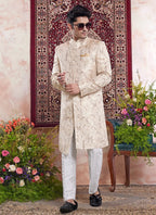 Raivat Ethnic Banarasi Jacquard Embroidery Indo Western Sherwani In Beige Colour | Grocsy