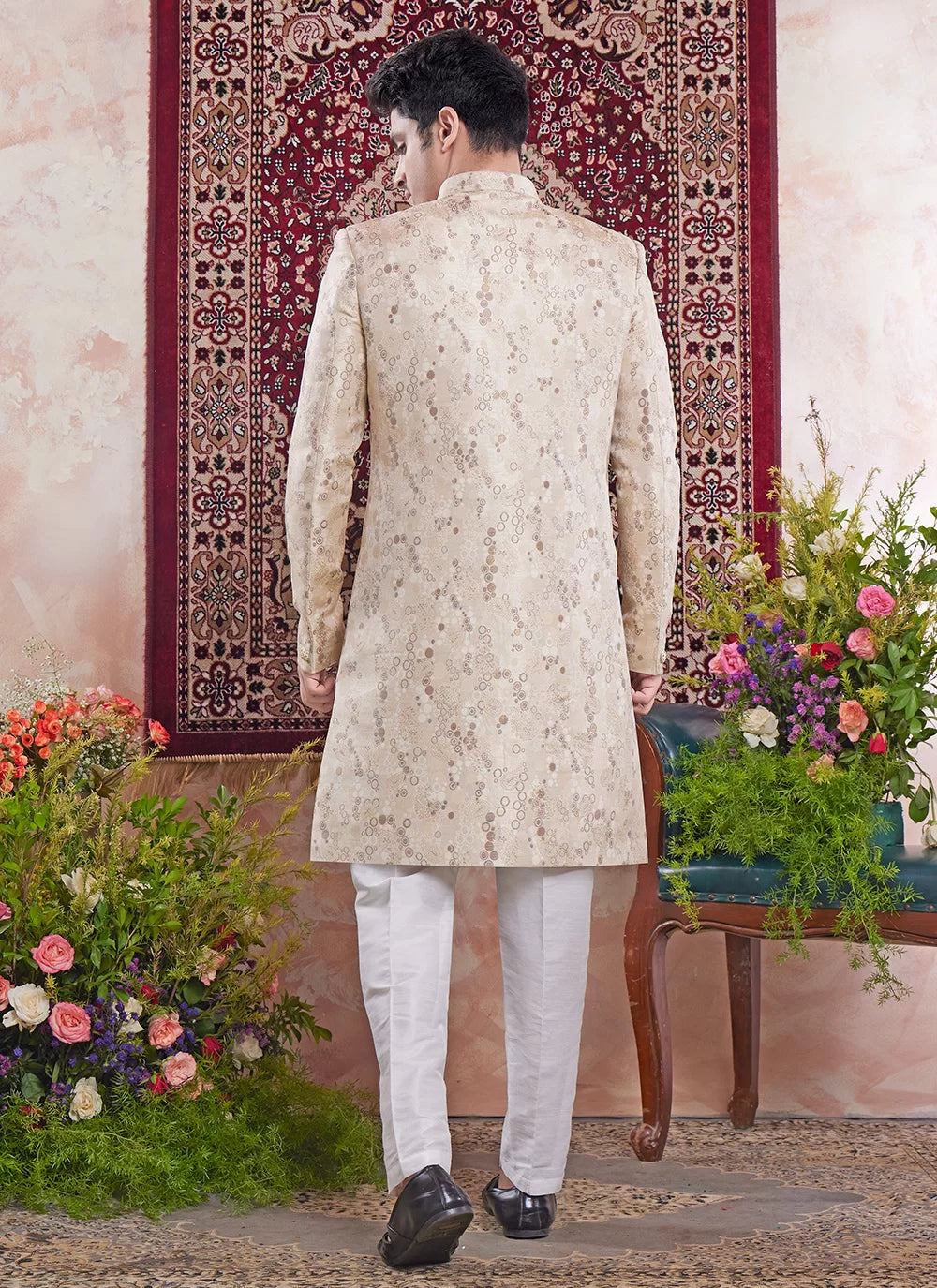 Raivat Ethnic Banarasi Jacquard Embroidery Indo Western Sherwani In Beige Colour | Grocsy