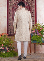 Raivat Ethnic Banarasi Jacquard Embroidery Indo Western Sherwani In Beige Colour | Grocsy