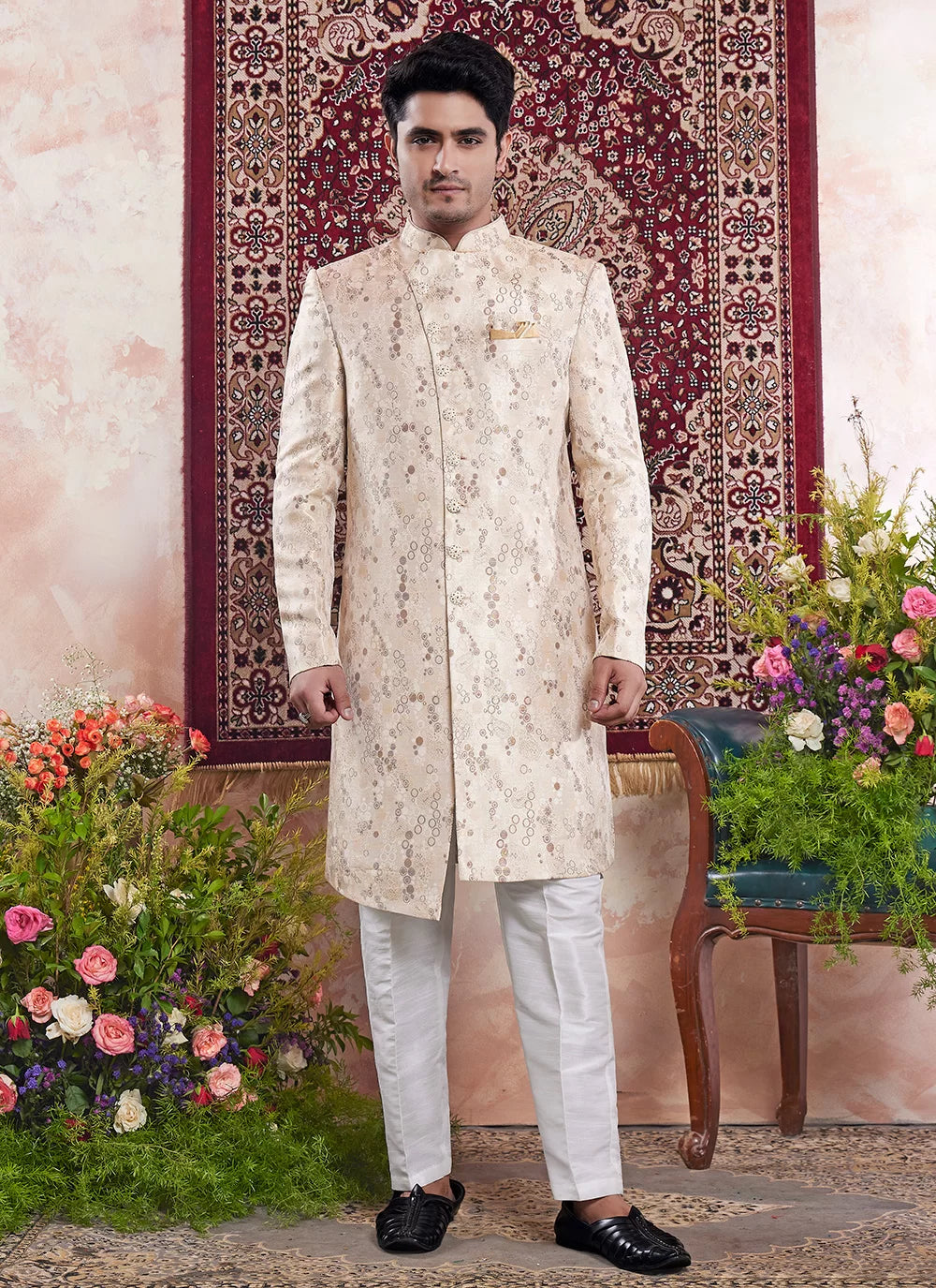 Raivat Ethnic Banarasi Jacquard Embroidery Indo Western Sherwani In Beige Colour | Grocsy