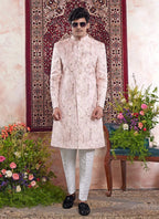 Raivat Ethnic Banarasi Jacquard Embroidery Indo Western Sherwani In Pink Colour | Grocsy