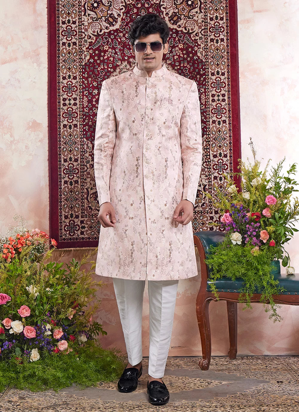 Raivat Ethnic Banarasi Jacquard Embroidery Indo Western Sherwani In Pink Colour | Grocsy