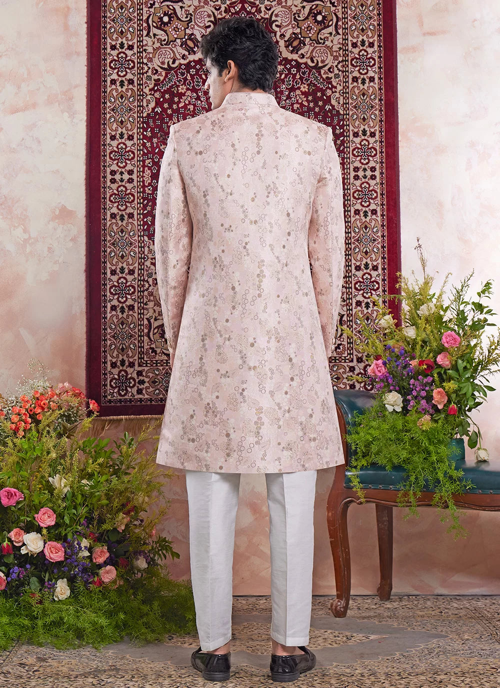 Raivat Ethnic Banarasi Jacquard Embroidery Indo Western Sherwani In Pink Colour | Grocsy