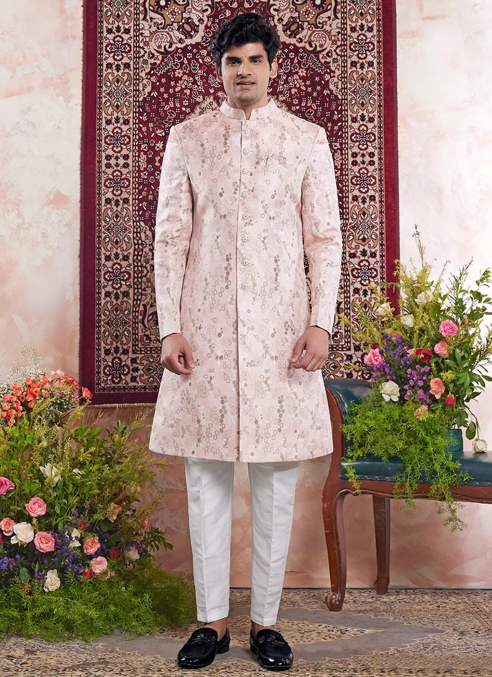Raivat Ethnic Banarasi Jacquard Embroidery Indo Western Sherwani In Pink Colour | Grocsy
