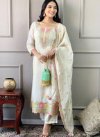 Vellora Viscose Chanderi White Festival Wear Sequins Work Readymade Kurti Set | Grocsy