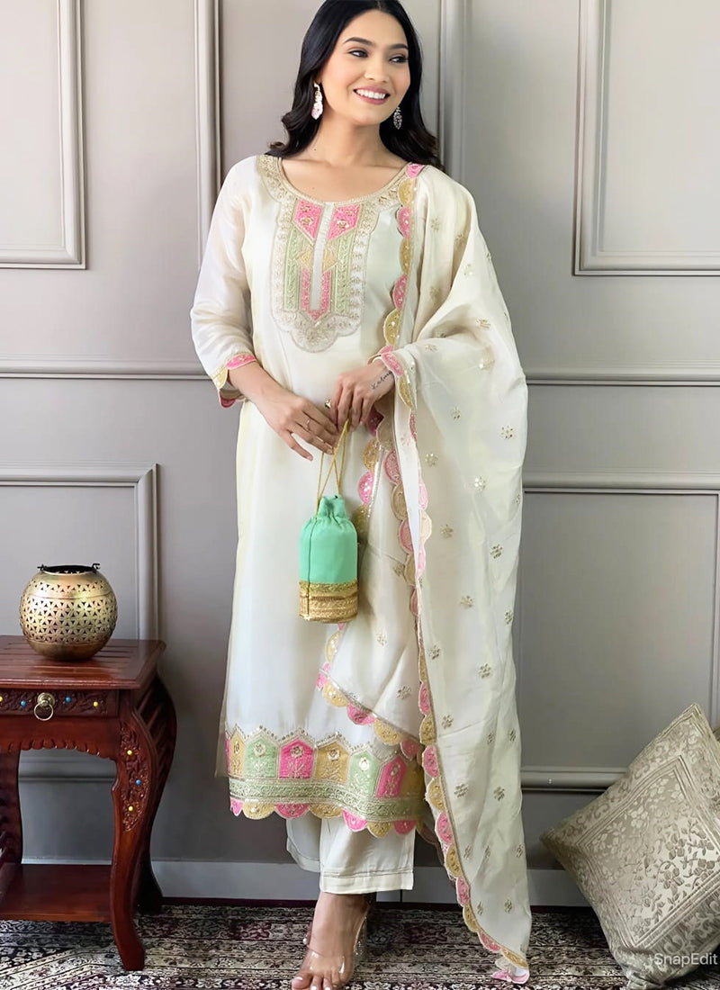 Vellora Viscose Chanderi White Festival Wear Sequins Work Readymade Kurti Set | Grocsy