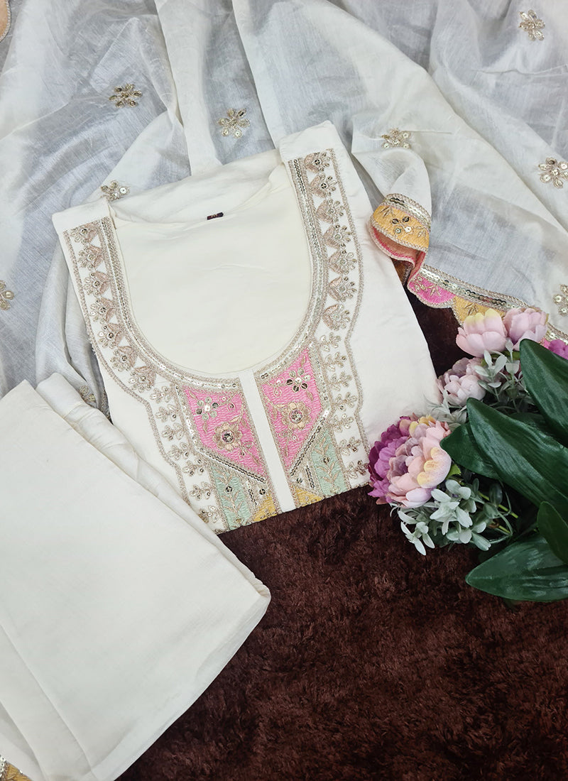 Vellora Viscose Chanderi White Festival Wear Sequins Work Readymade Kurti Set | Grocsy