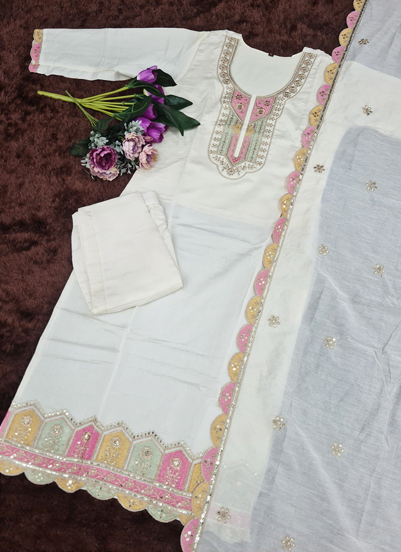 Vellora Viscose Chanderi White Festival Wear Sequins Work Readymade Kurti Set | Grocsy
