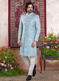 Raivat Ethnic Banarasi Jacquard Embroidery Indo Western Sherwani In Blue Colour | Grocsy