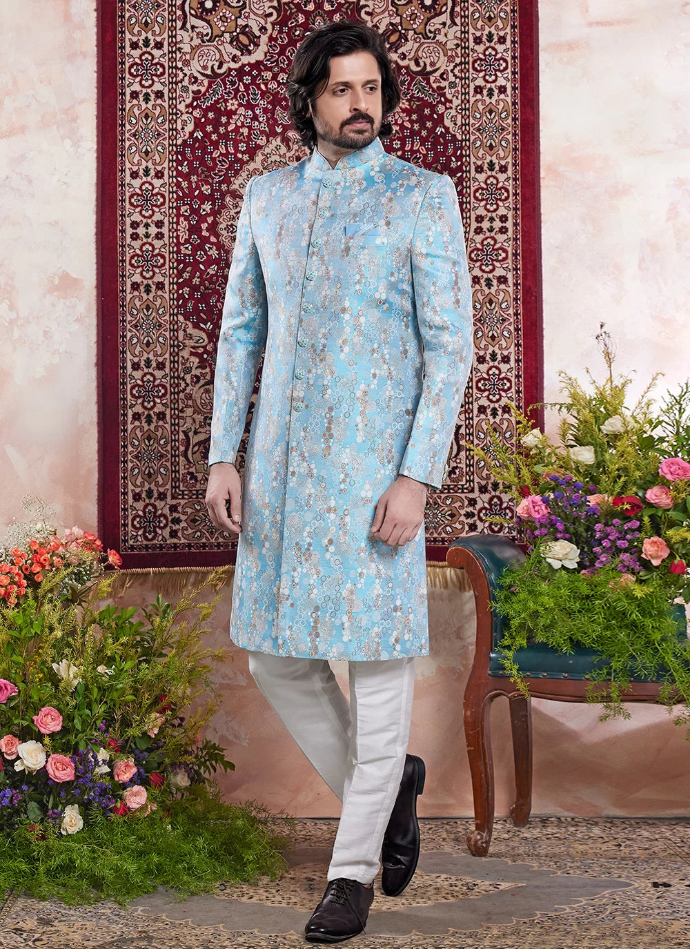 Raivat Ethnic Banarasi Jacquard Embroidery Indo Western Sherwani In Blue Colour | Grocsy