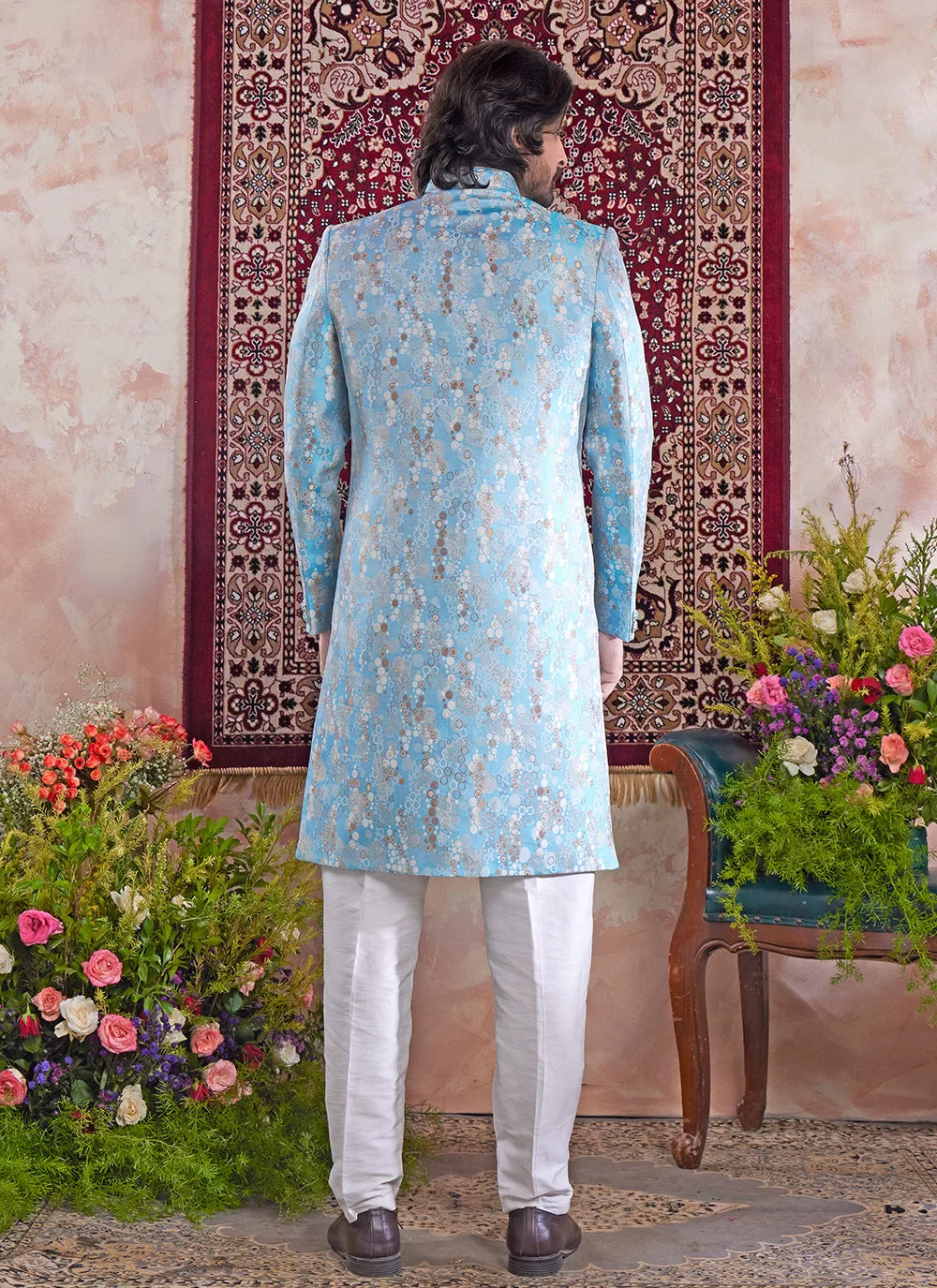 Raivat Ethnic Banarasi Jacquard Embroidery Indo Western Sherwani In Blue Colour | Grocsy