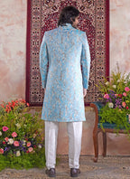 Raivat Ethnic Banarasi Jacquard Embroidery Indo Western Sherwani In Blue Colour | Grocsy