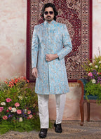 Raivat Ethnic Banarasi Jacquard Embroidery Indo Western Sherwani In Blue Colour | Grocsy