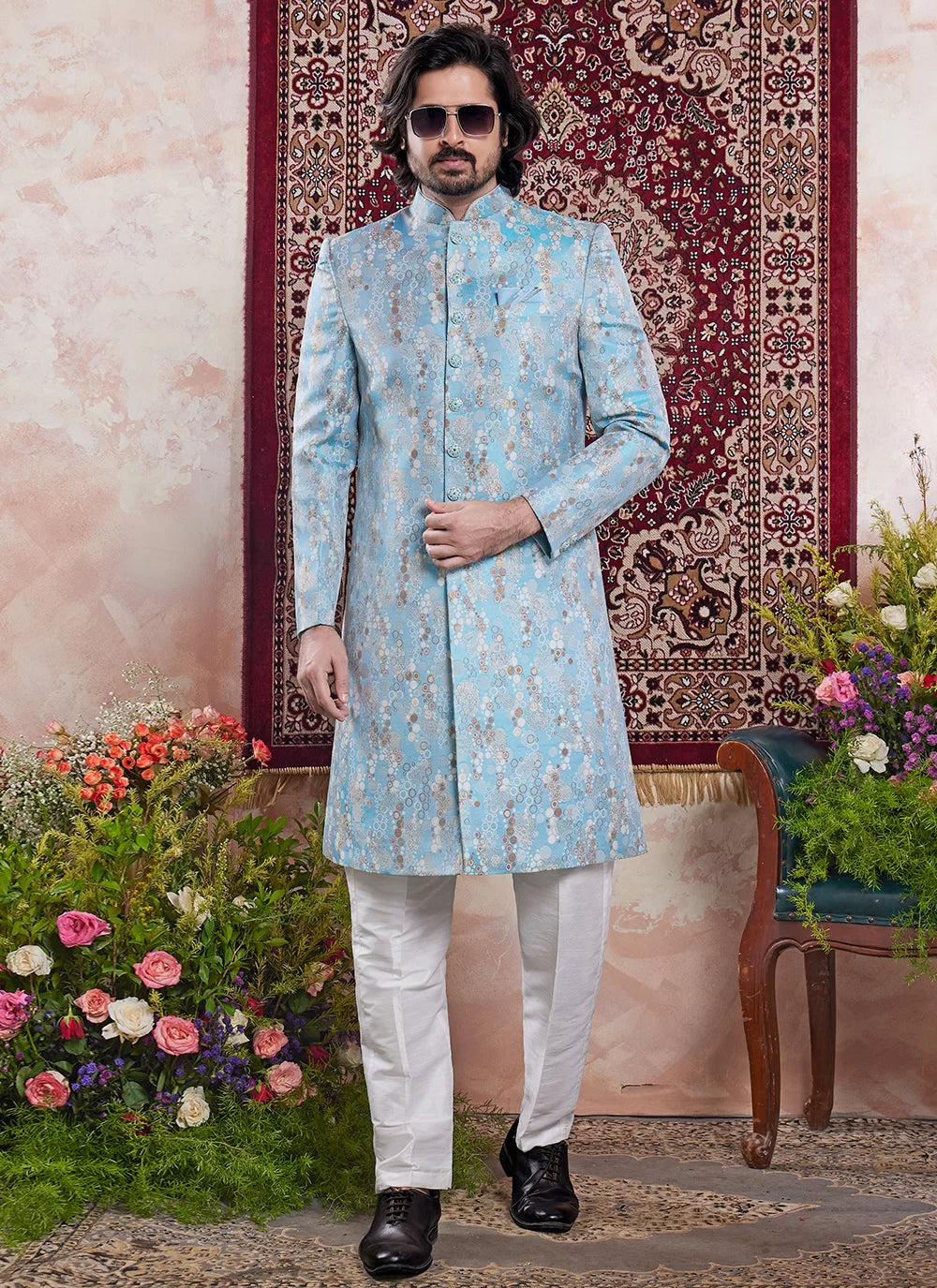 Raivat Ethnic Banarasi Jacquard Embroidery Indo Western Sherwani In Blue Colour | Grocsy