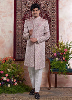 Raivat Ethnic Banarasi Jacquard Embroidery Indo Western Sherwani In Onion Pink Colour | Grocsy