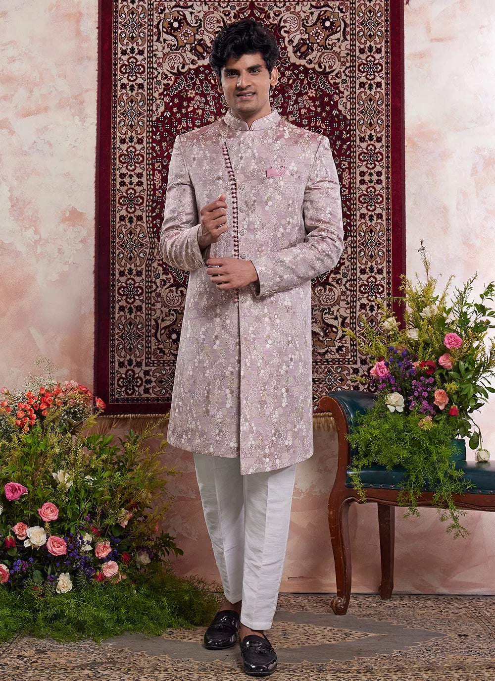 Raivat Ethnic Banarasi Jacquard Embroidery Indo Western Sherwani In Onion Pink Colour | Grocsy