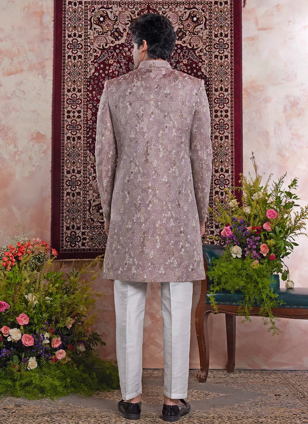 Raivat Ethnic Banarasi Jacquard Embroidery Indo Western Sherwani In Onion Pink Colour | Grocsy
