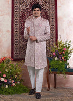 Raivat Ethnic Banarasi Jacquard Embroidery Indo Western Sherwani In Onion Pink Colour | Grocsy