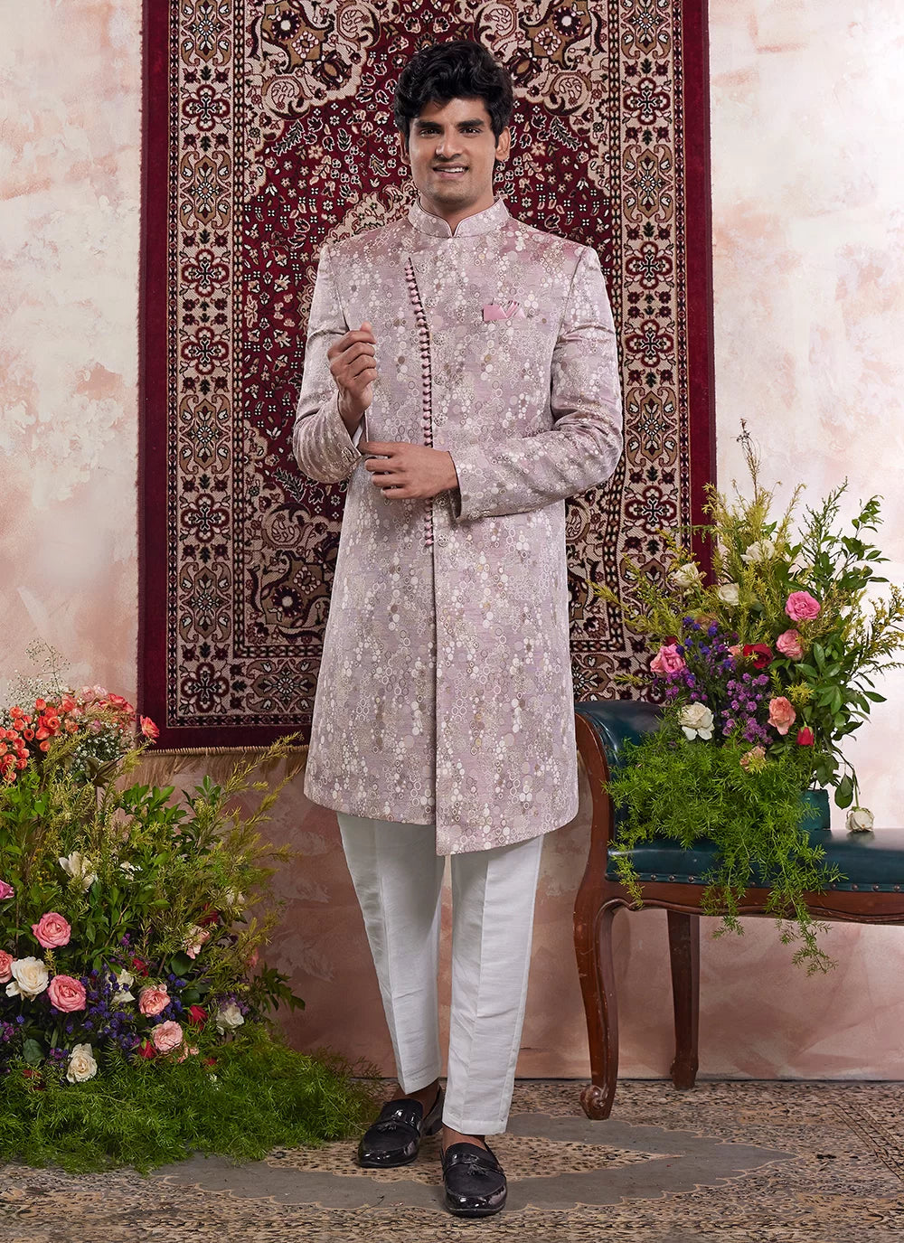 Raivat Ethnic Banarasi Jacquard Embroidery Indo Western Sherwani In Onion Pink Colour | Grocsy