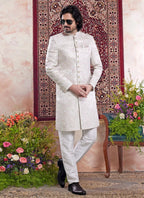 Raivat Ethnic Banarasi Jacquard Embroidery Indo Western Sherwani In Green Colour | Grocsy
