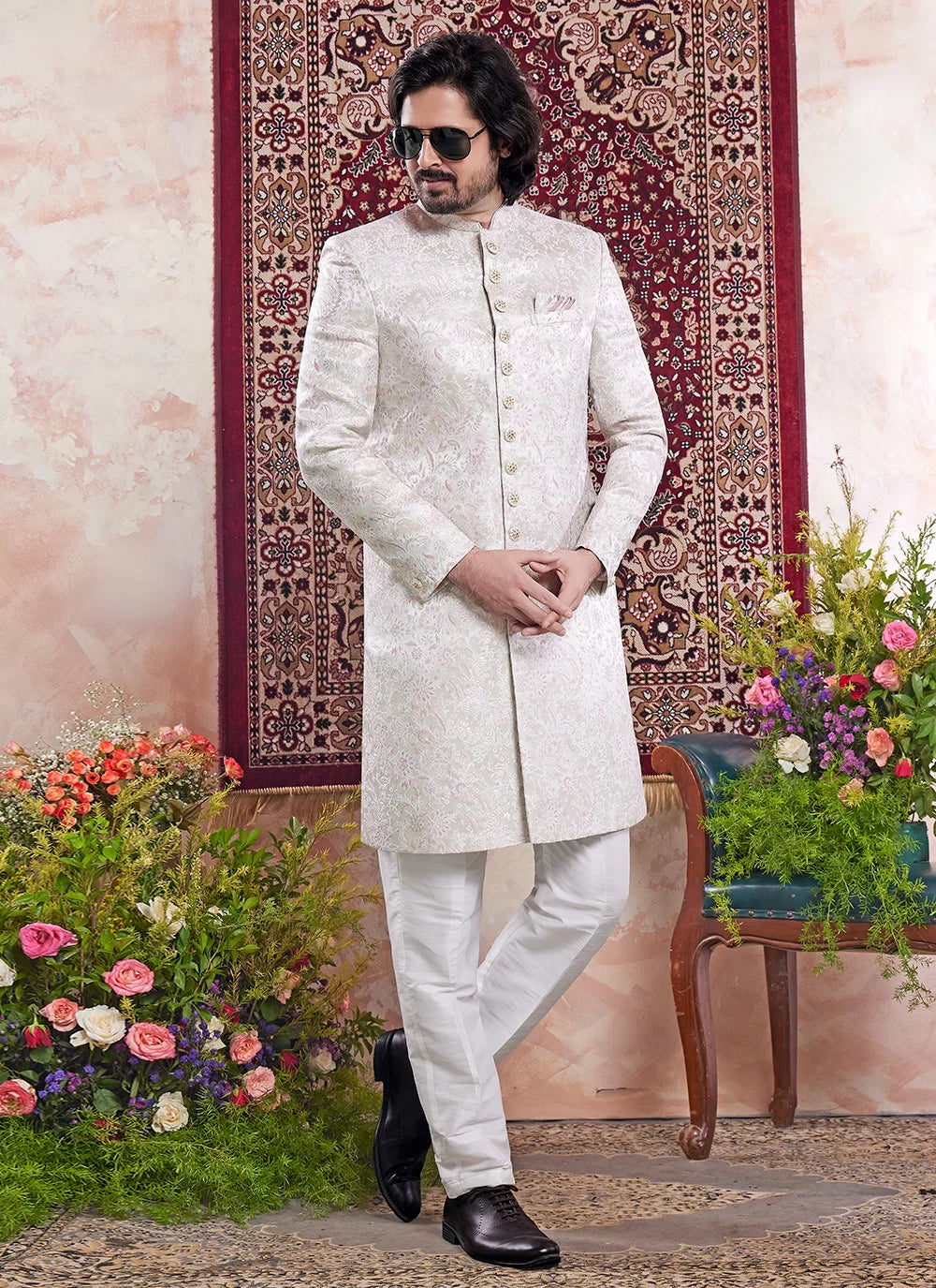 Raivat Ethnic Banarasi Jacquard Embroidery Indo Western Sherwani In Green Colour | Grocsy