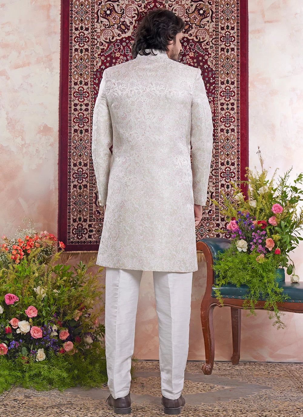 Raivat Ethnic Banarasi Jacquard Embroidery Indo Western Sherwani In Green Colour | Grocsy