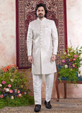 Raivat Ethnic Banarasi Jacquard Embroidery Indo Western Sherwani In Green Colour | Grocsy