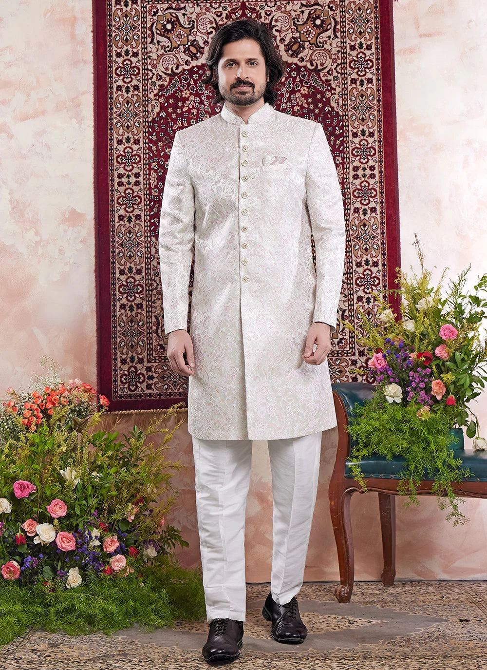 Raivat Ethnic Banarasi Jacquard Embroidery Indo Western Sherwani In Green Colour | Grocsy