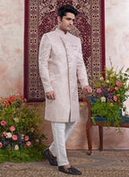 Raivat Ethnic Banarasi Jacquard Embroidery Indo Western Sherwani In Peach Pink Colour | Grocsy