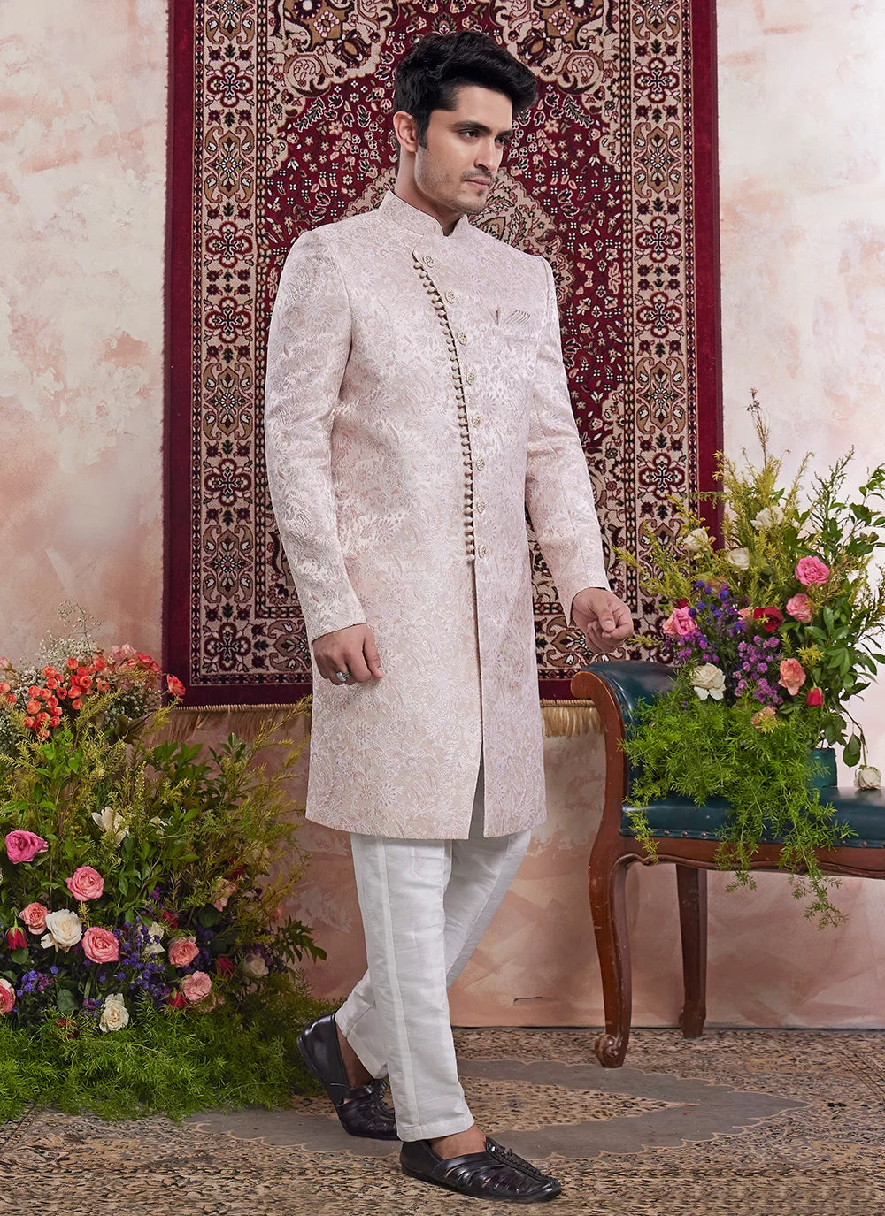 Raivat Ethnic Banarasi Jacquard Embroidery Indo Western Sherwani In Peach Pink Colour | Grocsy