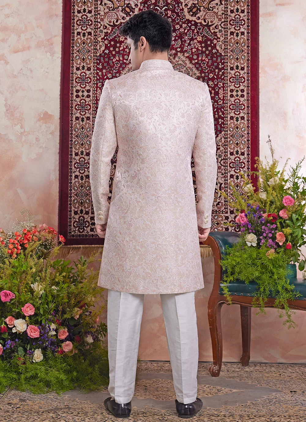 Raivat Ethnic Banarasi Jacquard Embroidery Indo Western Sherwani In Peach Pink Colour | Grocsy