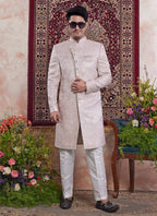 Raivat Ethnic Banarasi Jacquard Embroidery Indo Western Sherwani In Peach Pink Colour | Grocsy