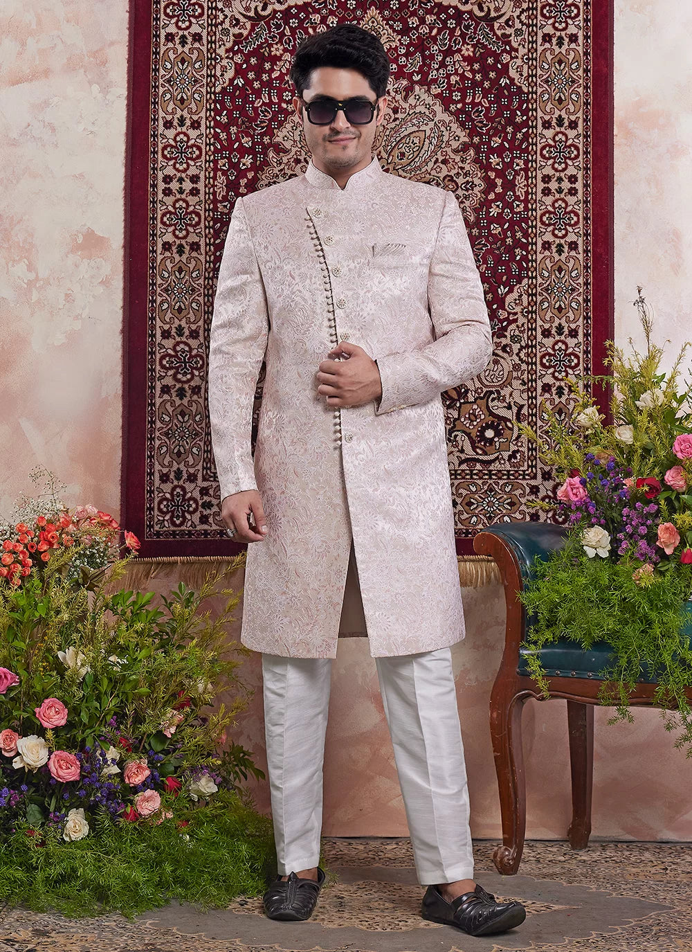 Raivat Ethnic Banarasi Jacquard Embroidery Indo Western Sherwani In Peach Pink Colour | Grocsy