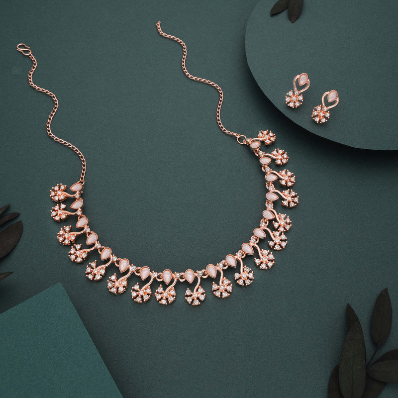 Tehzeeb Creations Rose Gold-Polished White Choker Necklace With Dangle Earrings | Grocsy
