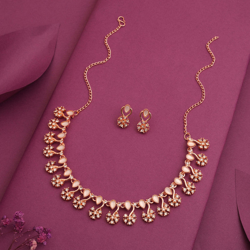 Tehzeeb Creations Rose Gold-Polished White Choker Necklace With Dangle Earrings | Grocsy
